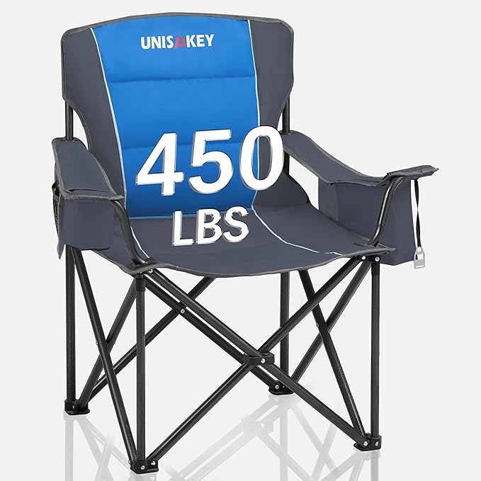 Oversized Folding Camping Chair for Adults - 450lbs Support - Heavy Duty Portable Lawn Chairs with Side Pocket Cup Holder Cooler Bag for Sports Garden Beach Fishing Blue