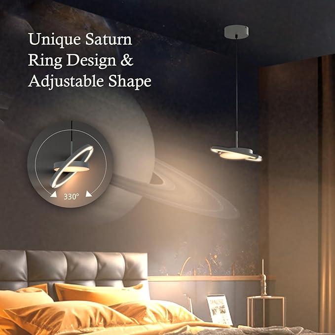 FIMEI LED Saturn Pendant Lights 3000-6000K Dimmable Adjustable Hanging Chandelier Saturn Ring Design for Dining Room Kitchen Island Entryway Bedroom Foyer Black (Gray 1)