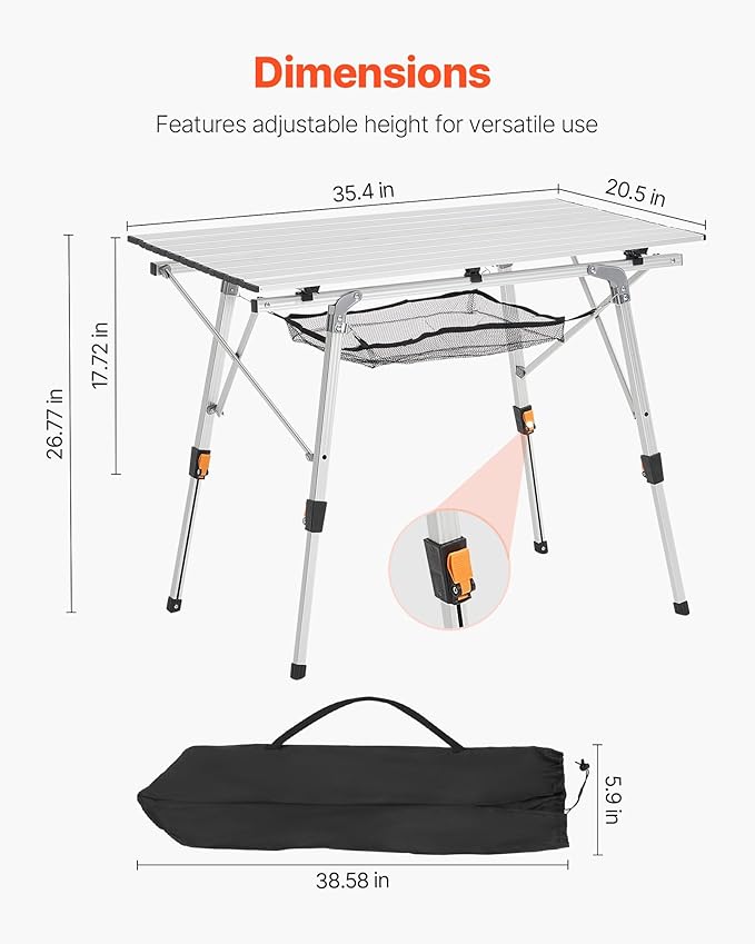 VEVOR Folding Camping Table Portable Roll Up Side Tables Lightweight Aluminum Beach Table for Outdoor BBQ Tailgating Picnic Travel (35 inch-Silver)