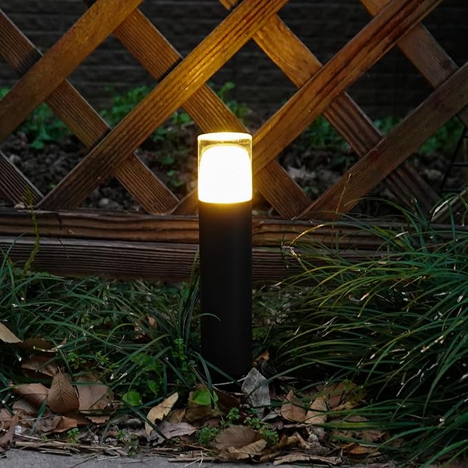 GOODSMANN 8PK Bollard Landscape Lighting Kits 2W LED Low Voltage Pathway Lights 100 Lumen 2700K Warm White Outdoor Hardwired Walkway Lights Brown Finish Path Lights with Connectors Metal Stakes