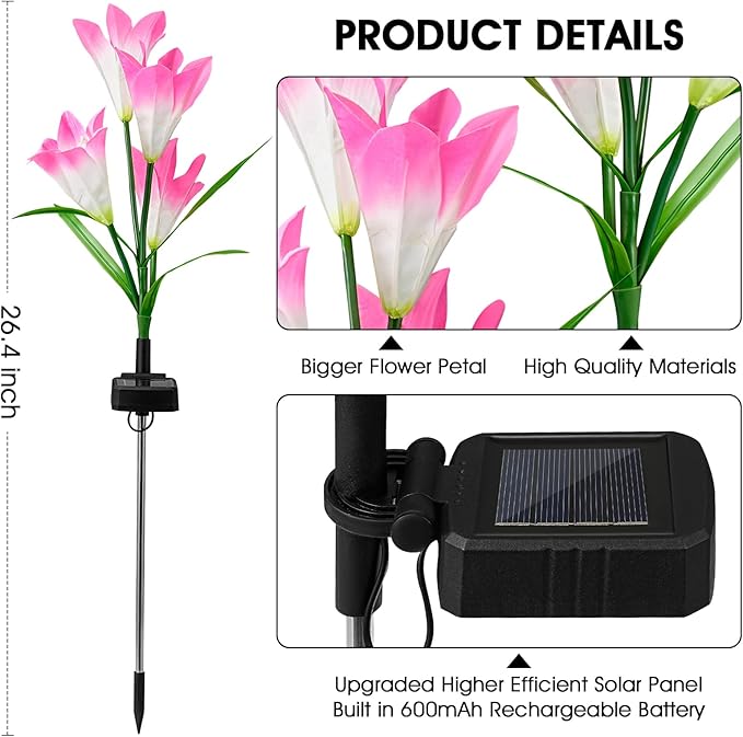 4 Pack Solar Garden Lights Outdoor 7 Color Changing LED Powered Waterproof Lily Flowers Landscape Lights for Outside Yard Patio Pathway Decorative Décor Gifts