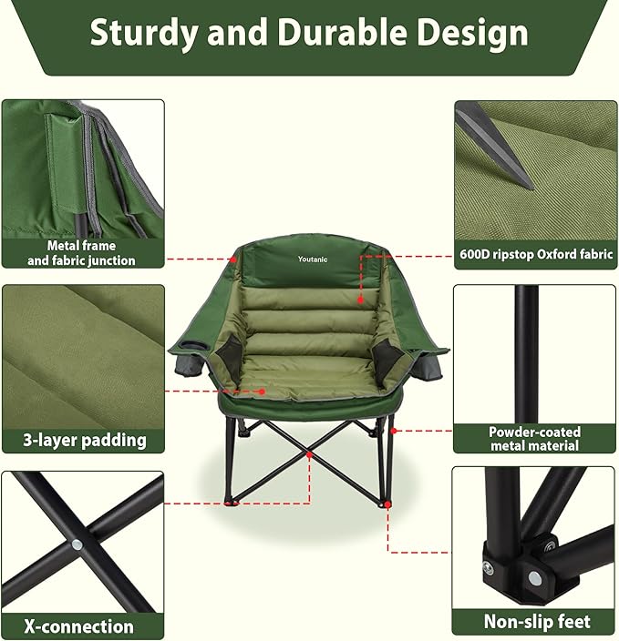 Oversized Camping Chair Portable Folding Camping Chairs with Side Pocket Cup Holder and Carry Bag Heavy Duty Outdoor Camping Chairs for Adults Fishing Sports Trip up to 400lbs Style 2