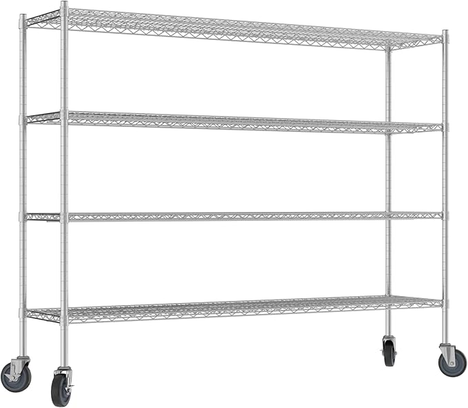 Commercial NSF Listed Chrome Mobile Wire Shelving Kit 18 x 72 x 60 with 4 Shelves Perfect for Warehouse Walk-in Refrigerator Freezer Grocery Store Restaurant Dishroom