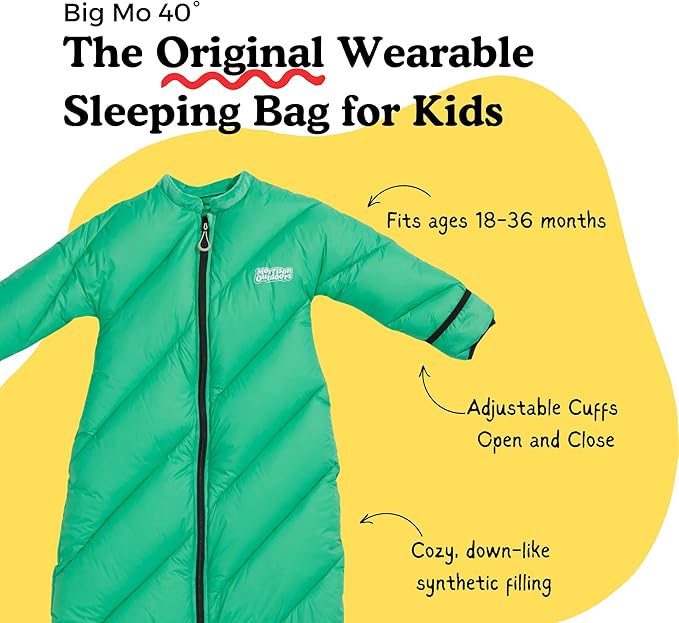 Big Mo 40° Kids Sleeping Bag (Ages 18-36m). The Coziest Funnest Camping Sleeping Bag for Kids with Adjustable Cuffs.