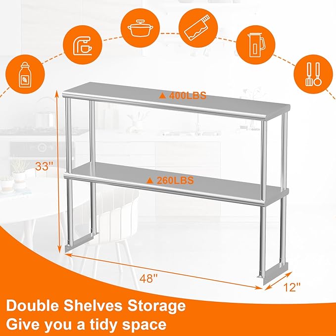 GarveeHome Stainless Steel Double Overshelves 47.24x11.81x33.46 in Adjustable Commercial 2-Tier Shelf Heavy Duty Racks for Kitchen Prep Table Worktable Restaurant