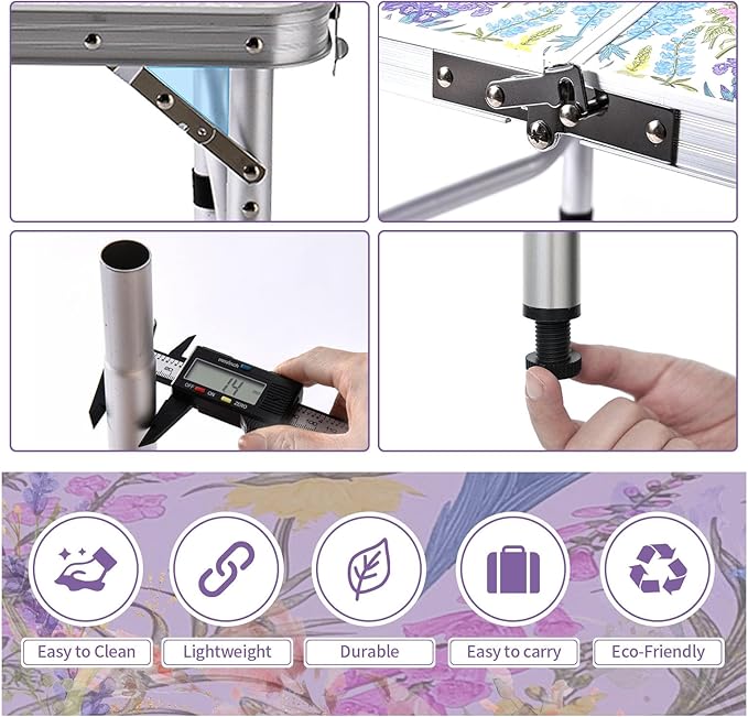 Folding Camping Table 2ft Portable Pinic Table Adjustable Height Small Card Table Aluminum Foldable Lightweight with Carry Handle for Outdoor Indoor Hiking Camp BBQ Beach (Blooming Floral)