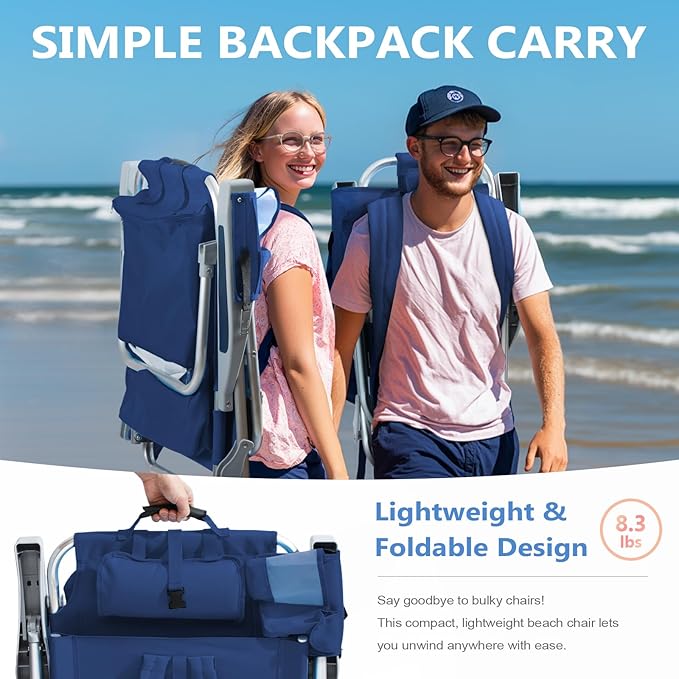 5-Position Aluminum Lay Flat Backpack Beach Chair 2 Pack Compact Portable Low Beach Chairs for Adults Beach Chair with Cooler Pouch Storage Pouch Towel Bar Cup Holder Navy