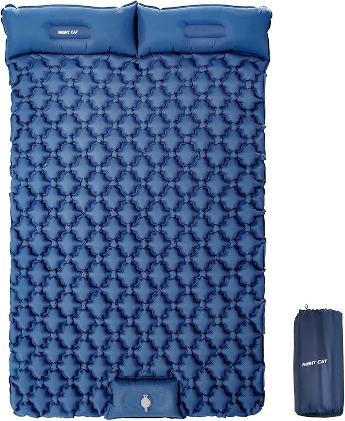 Night Cat Inflatable Double Sleeping Pad Mat Bed with Foot Pump and Double Pillow for Camping Backpacking Hiking Ultra-Light Compact Comfortable 77x 47