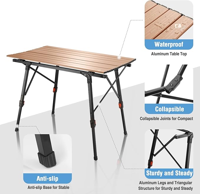 VILLEY Portable Camping Table with Adjustable Legs Lightweight Aluminum Folding Beach Table with Carrying Bag for Outdoor Cooking Picnic Beach Backyards BBQ and Party