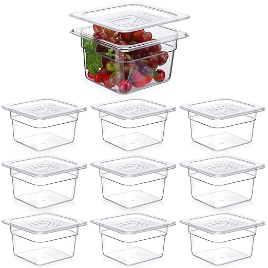 Sieral 10 Pcs 1/6 Size Food Containers with Lids - Clear Stackable Meal Prep Bins for Fridge OrganizationKitchen StorageBentoBaby FoodMicrowave Safe (4 Inch1.5 Quart)