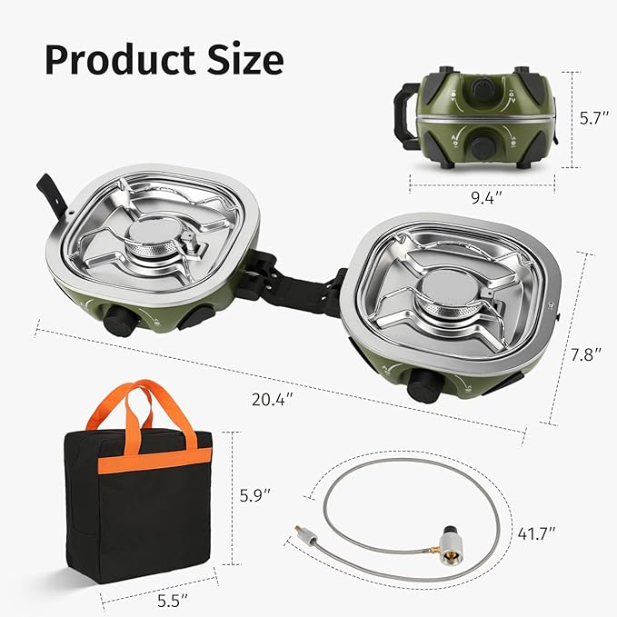 INFOOD Propane Camping Stove 20000 BTU - Portable 2 Burner Gas Stove with Adjustable Flame Control Piezo Ignition Carry Bag &amp Propane Adapter Hose Folding Design for Camp BBQ Tailgating Gre