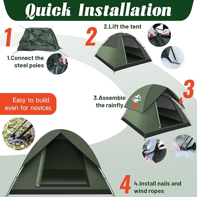 Tents for Camping 2/3/4 Person with Rainfly - Camping Tent Waterproof Windproof Easy Setup Portable Double Layer Outdoor Dome Tent Backpacking Tents for Adventure Backyard Hiking