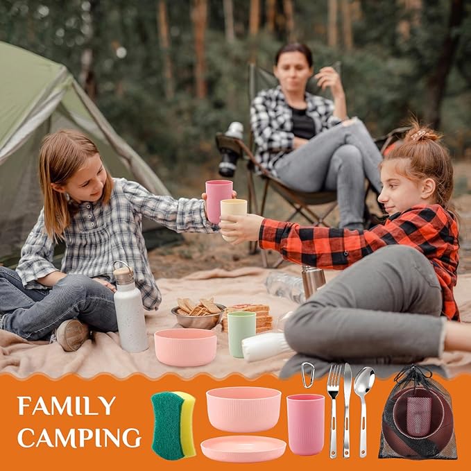 LemonRoad 32 Pcs/4 Sets Camping Dinnerwares 4 Person Camping Mess Kit with Plastic Plates Bowls Cups and Stainless Steel Cutlery Set for Family Rv Hiking Picnic Outdoor