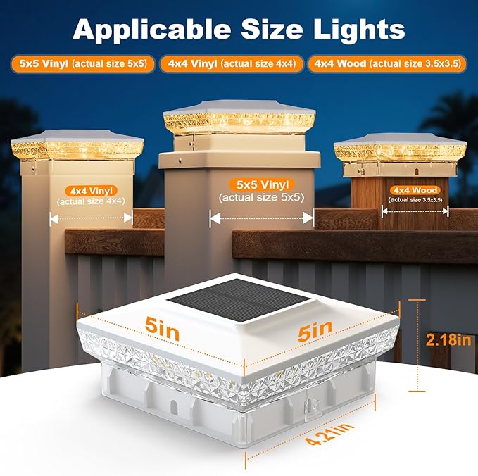 APONUO Solar Post Cap Lights for 4x4 5x5 Wood &ampVinyl Posts 3 Light Modes &amp 800mAh Battery IP65 Waterproof Rugged Unibody Solar Outdoor Lights for Fence Deck &amp Patio (White 12 Pack)