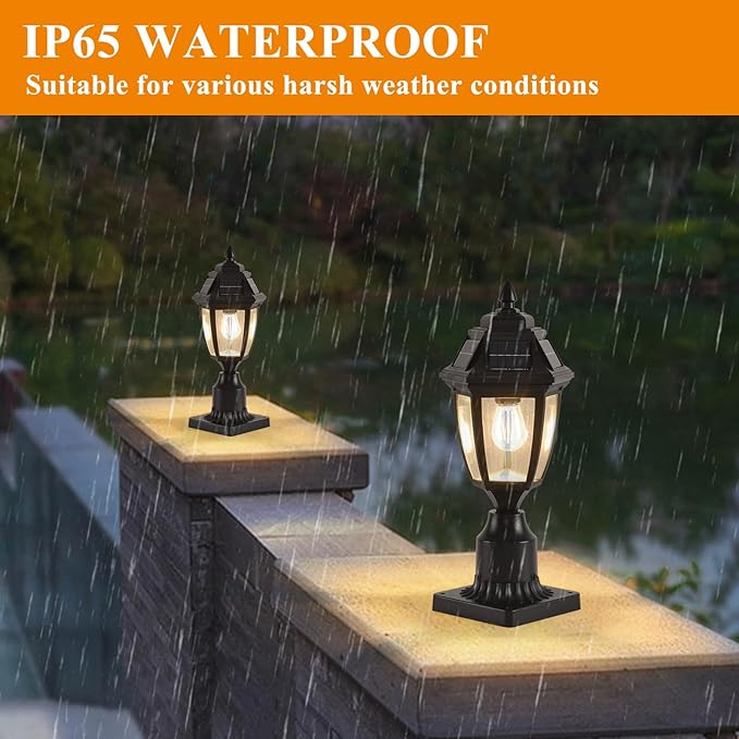 Solar Outdoor Post Lights 2 Pack Dusk to Dawn Outdoor Column Light with Pier Mount Base Black Exterior Solar Powered Pole Light for Outside Porch Yard Pathway Driveway