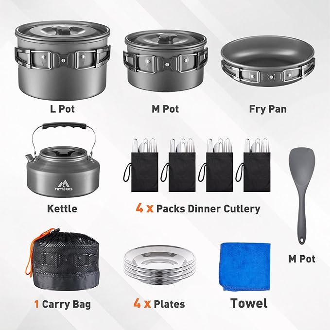 27pcs Camping Cookware Mess Kit for 2-4 People Portable Cookware Set with Kettle Pots &amp Pans Stainless Steel Utensils Plates Dishware for Backpacking Picnic Outdoor Adventures