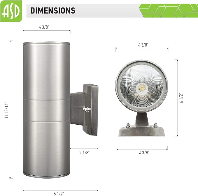 ASD LED Up Down Lights Outdoor Cylinder Wall Light 18W (120W Equiv) 1500Lm 5000K Daylight 120V Patio Wall Light Fixture Wet Rated Stainless Steel Wall Sconce ETL &amp Energy Star 2-Pack