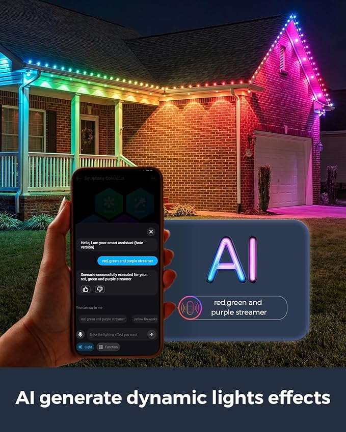 Permanent Outdoor Lights with Remote 100ft with 60 RGB-IC LED Lights for House Daily &amp Holiday Lighting  IP67 Waterproof 90+ Scene Modes for Outdoor Decor 2 in 1 Use for Eaves &amp Ground Lig