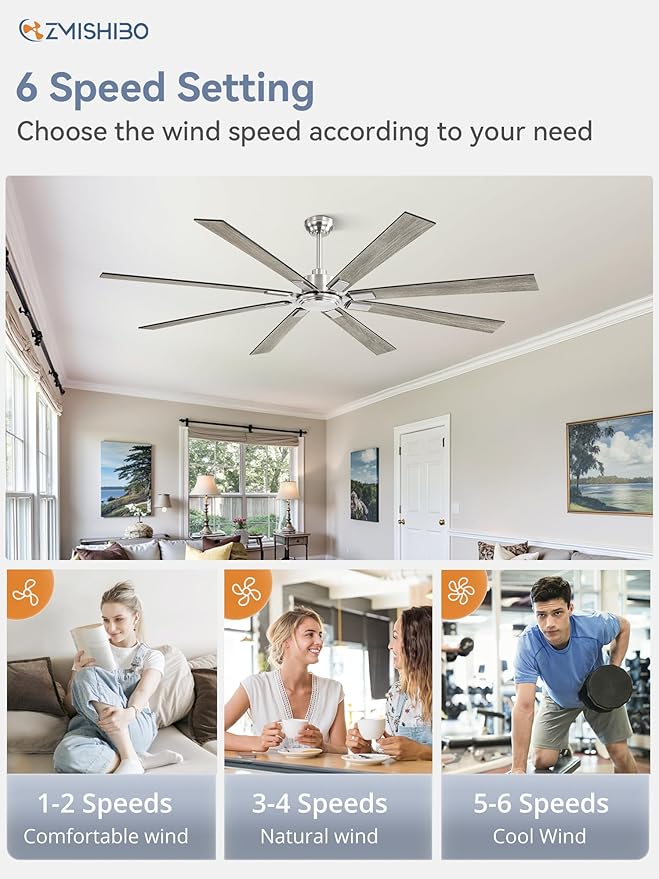 80 Inch Ceiling Fan No Light with Remote Control 8 Blades Quiet DC Reversible Motor 6-Speed Timer Brushed Nickel Finish Indoor Outdoor Ceiling Fans for Patios Living Room Garage