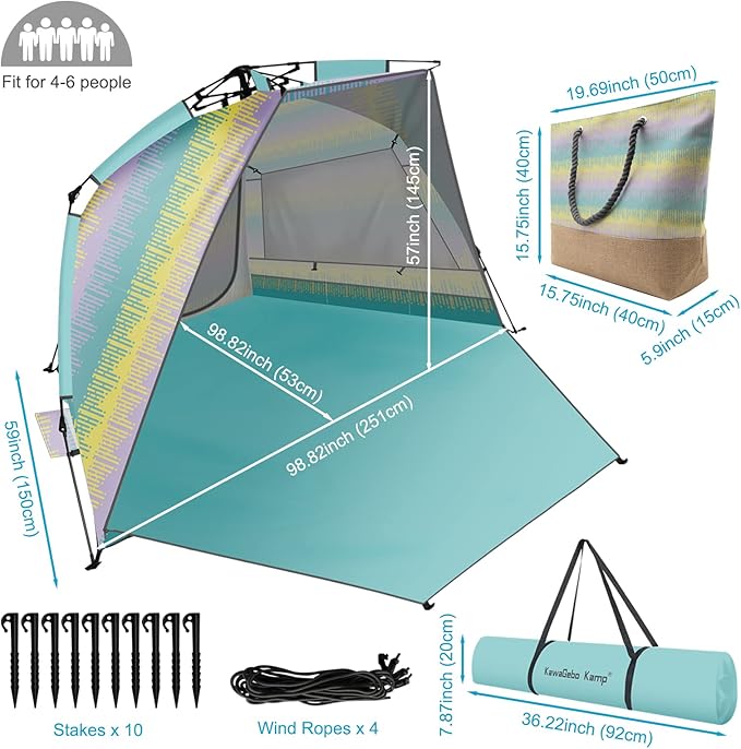 Beach Tent Sun Shelter for 4-6 Person - Pop Up Beach Tent UPF 50＋ UV Protection Lightweight and Easy Setup Cabana Extendable Floor with 3 Ventilating Windows Carrying Bag