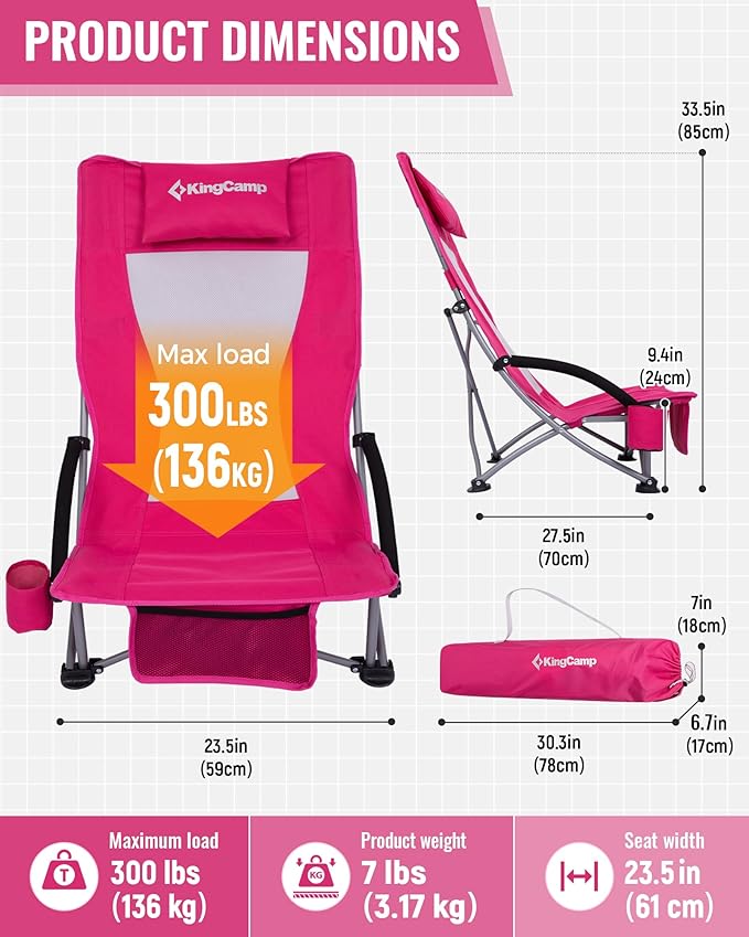 KingCamp Low Beach Chair High Back Folding Camping Chair for Adults Oversized Breathable Mesh Seat 300lbs Heavy Duty Portable Chair with Cup Holder &amp Storage Pockets for Beach Outdoor
