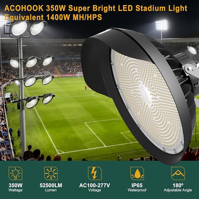 350W LED Stadium Lights Outdoor LED High Mast Light 52500LM AC100-277V IP65 Waterproof 5000K Daylight Commercial Arena Flood Lighting for Sports Fields and Court -2Pack
