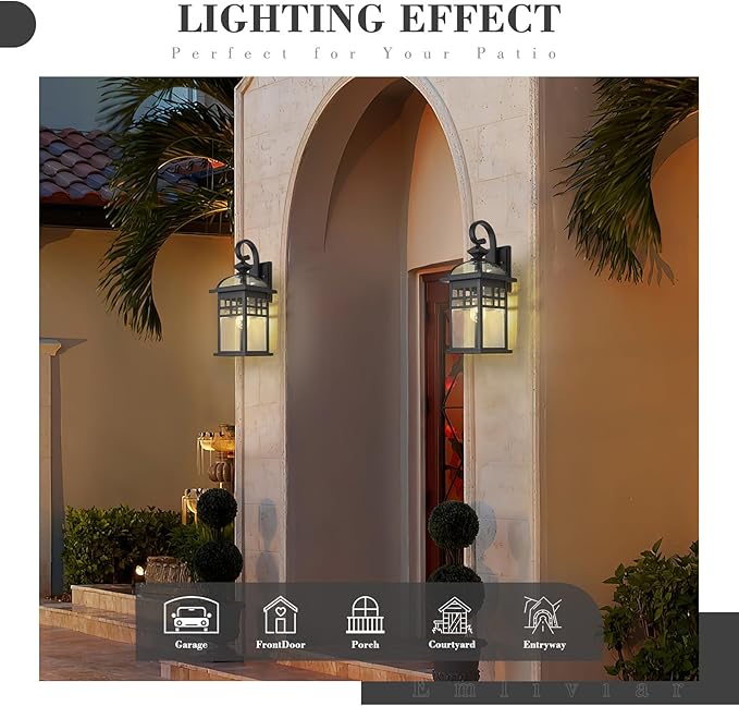 Emliviar Large Black Outdoor Wall Light 22 Inch Farmhouse Outdoor Lights for House Die-cast Aluminum with Seeded Glass Shade DE281B-M BK