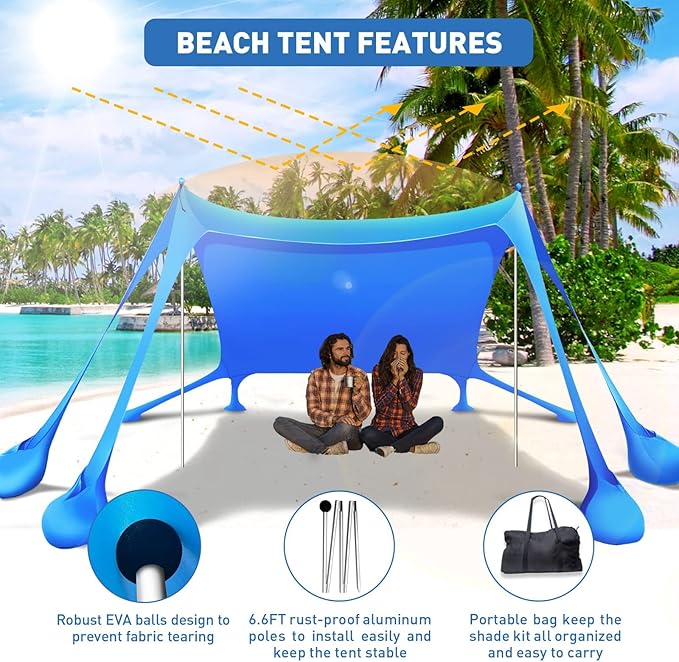 Beach Tent Sun Shelter 10x10ft Beach Canopy Easy Pop Up Sun Shade Portable UPF50+ with 8 Sandbags-2 Sand Shovel-4 Aluminum Poles-Ground Pegs for Outdoor Family Camping Fishing Backyard Picnic