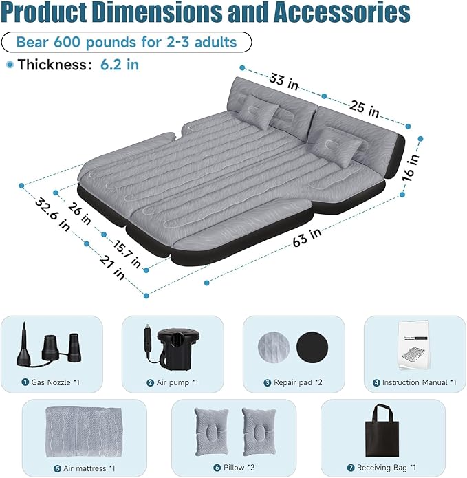 Inflatable SUV Air Mattress: Double-Sided Flocking Car Mattresses for Back SUV Travel Camping Sleeping Bed with Air Pump 2 Pillows