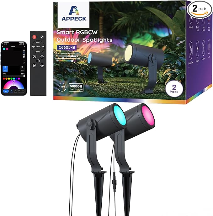 APPECK Smart Outdoor Spot Light 600lm RGBCW+IC Color Changing Landscape Lights 2 Pack IP65 Waterproof Low Voltage Landscape Lighting App/Voice Control for Garden Pathway Yard Christmas Decor