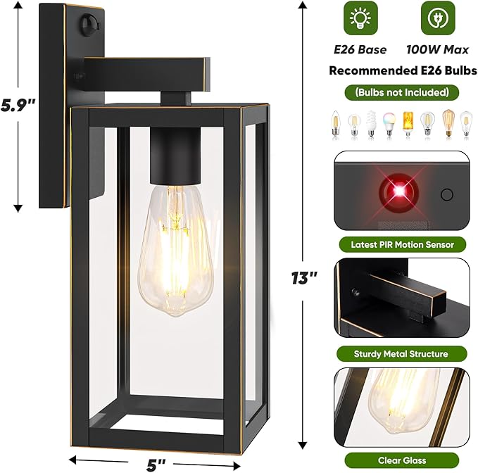 2-Pack Upgraded Motion Sensor Outdoor Wall Lights Dusk to Dawn Porch Lights Outdoor Wall Sconce Lantern 3 Lighting Modes Exterior Lighting Fixtures Bronze Outside Lights for House Front Door Garage