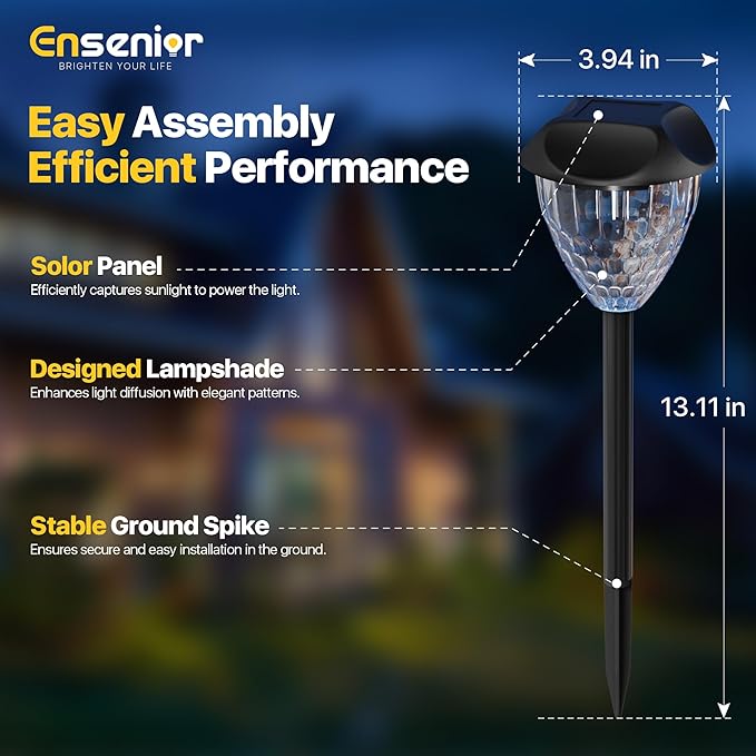 Ensenior 8-Pack Solar Lights Outdoor Auto ON/Off 6500K LED Solar Garden Lights for Pathway Yard Patio Walkway Planter Waterproof Energy-Efficient Landscape Lighting