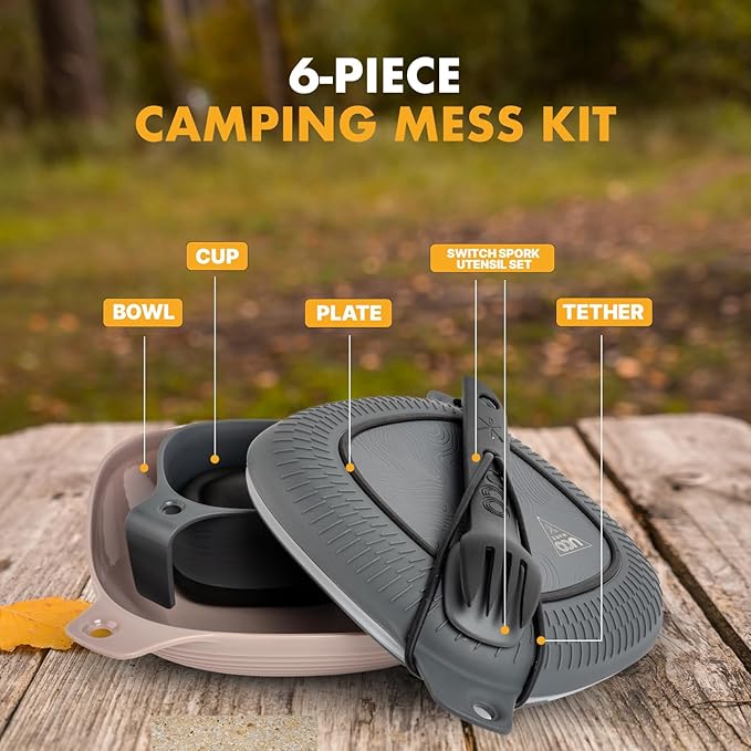 UCO 6-Piece Camping Mess Kit with Bowl Plate Collapsible Cup and Switch Camping Spork