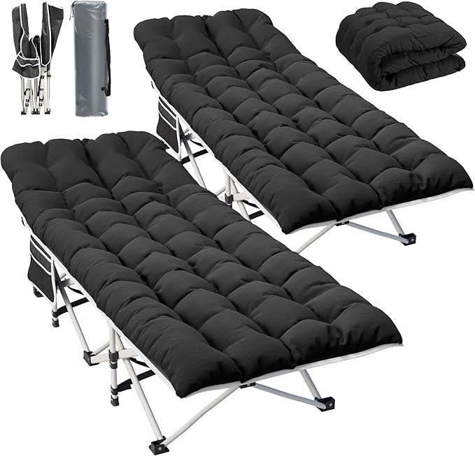 YITAHOME 2 Pcs Camping Cots w/Mattress Portable Lounge Chair Outdoor Folding Cot Heavy Duty 575 LB Capacity 1200D Oxford w/Carry Bag Travel Camp Bed for Camping Office Traveling Black