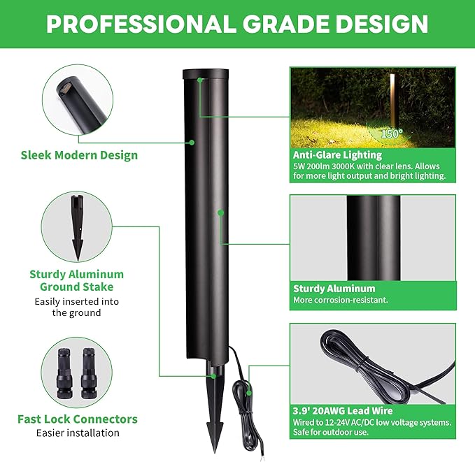 Low Voltage Pathway Lights LED Landscape Path Lights Outdoor Waterproof IP65 Wired Black Aluminum 5W 200LM for Walkway Sidewalk 4 Pack