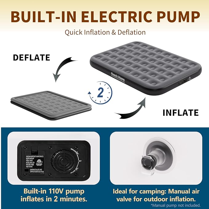 Air Mattress Queen with Built in Pump Heavy Duty Blow Up Mattress with Electric Pump Colchon Plug -in Self-Inflatable Air Bed for Home Guest and Rental House 10 inches Thick Gray.