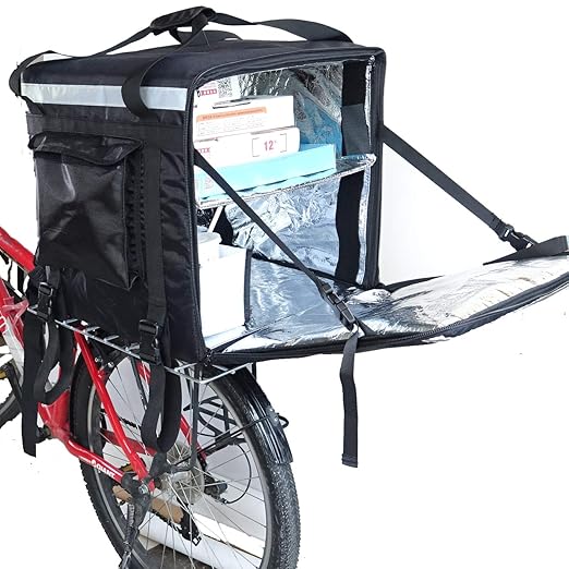 PK-92Z: Big Insulated Pizza Delivery Bag with Cup Holder 16 L x 16 W x 16 H Thermal Food Delivery Box For Scooter Heat Insulated Food Delivery Bag For Bike Side Loading 2-Way Zipper Closure