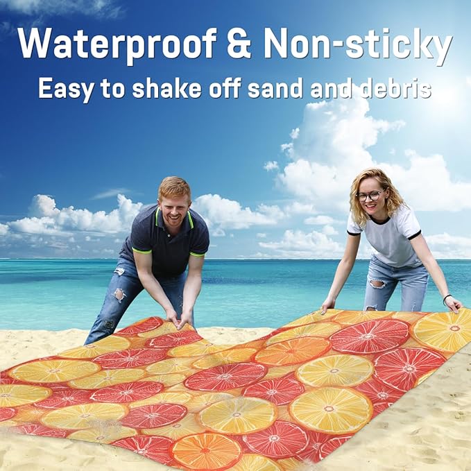Waterproof Sandproof Beach Blanket 59''×68'' Orange Slices Polyester Outdoor Picnic Blanket with 4 Stakes &amp Storage Bag for BeachCampingVacation Yellow &amp Red