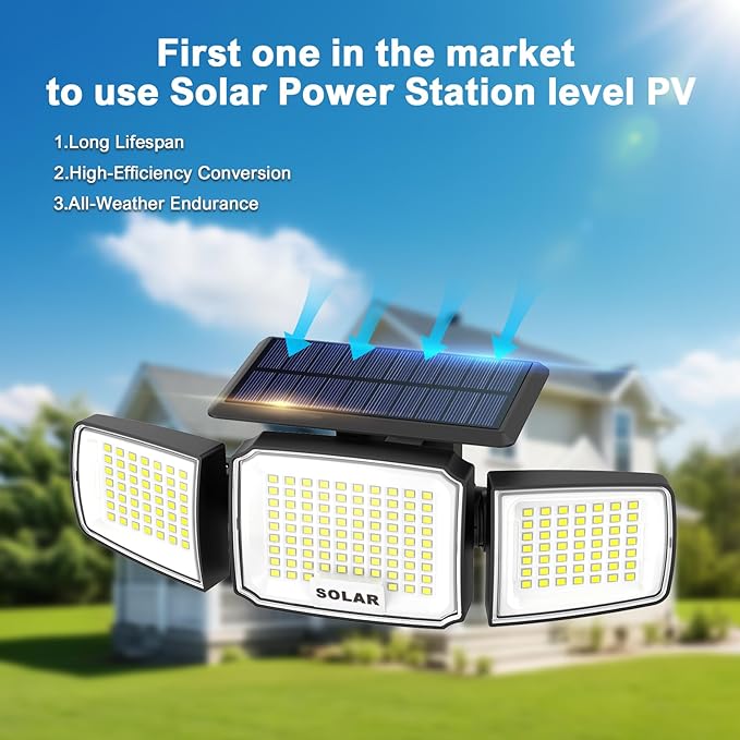 Solar Security Light OutdoorSolar Flood Light with Active Motion Sensor3 Heads 270° Wide AngleRemote ControlIP65 Waterproof 3 Modes (2 Packs)