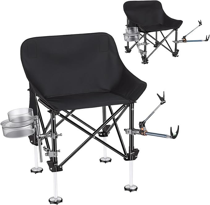 Fishing Chair Complete Accessories Set with Rod Holder Bait Tray Fish Guard Ice Fishing Gear 150kg Capacity Portable Folding for Adults Outdoor (Black-1)