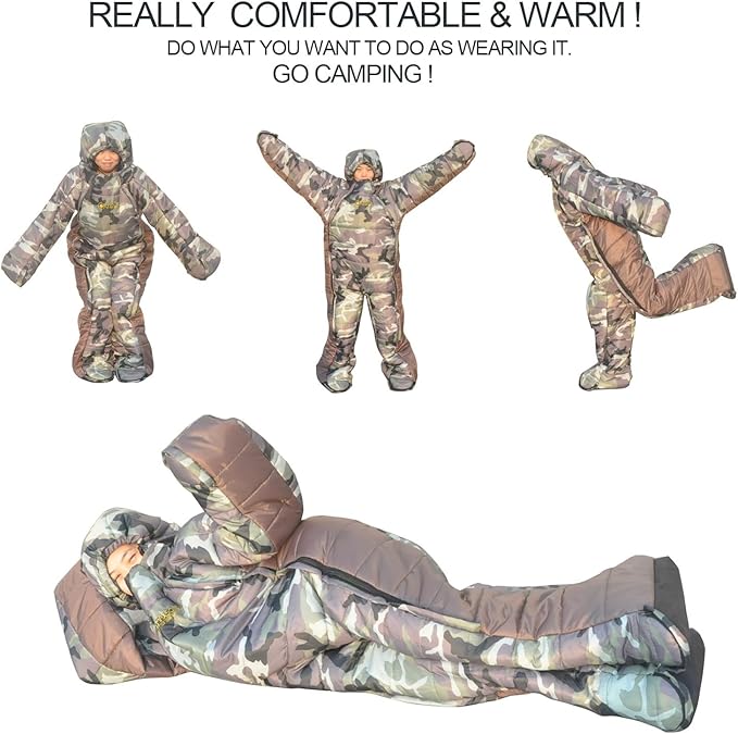 72 Large Wearable Human Sleeping Bag Zipped Foot Opening Design Free Size Ultralight Hoodie Quilted Warm Thermal Coat for Adults Winter or Outdoor 4 Season Camping