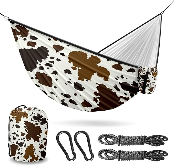 Outdoor Hammock for Camping Western Brown Cow Print Double Single Hammocks with 2 Tree Straps Lightweight Portable Heavy Duty Nylon Hammocks for Backpacking Travel Beach Backyard Patio Hiking
