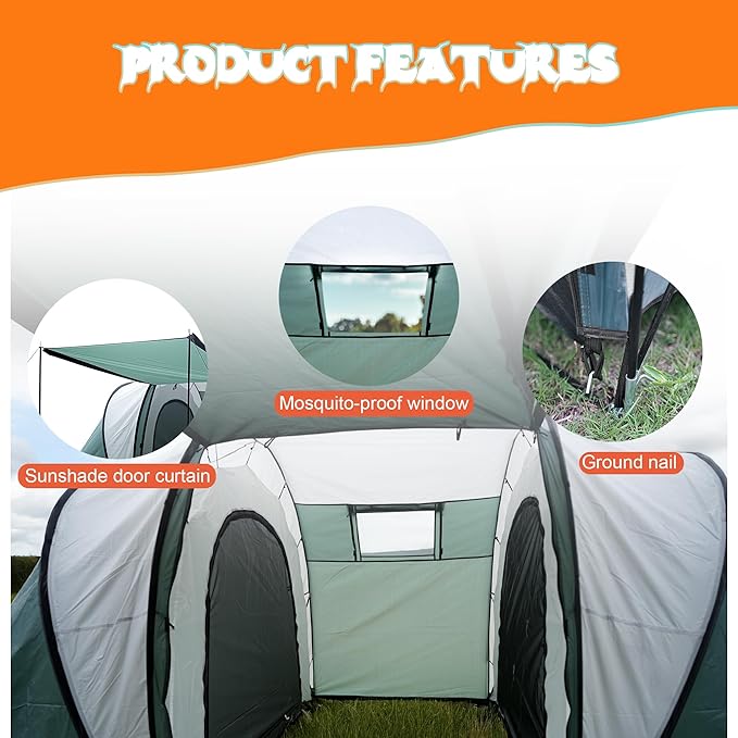 Large Camping Tent Family Tent 4~5 People 177 * 87 * 71 inches Waterproof Mesh Roof 2 Bedrooms and 1 Living Room (8 Person Grmy Green+Gray)