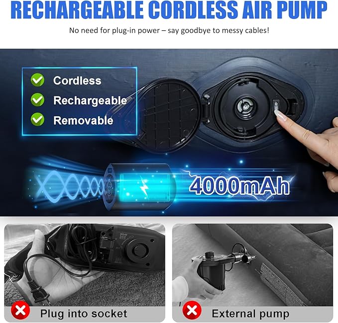 AYAMAYA Queen Camping Air Mattress with Built-in Rechargeable &amp Detachable Pump 10 Height Inflatable Blow Up Airbed Portable Self Inflating Sleeping Pad for Tents Outdoor Travel Home Guests