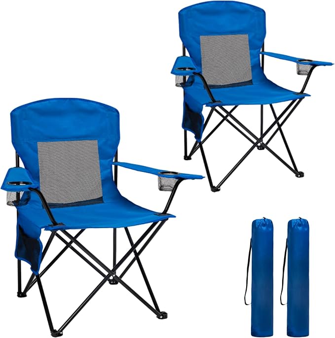 Outdoor Camping Chairs Set of 2 Folding Portable Foldable Lawn Chair Support 300lbs with Cooling Mesh Backrest 2 Cup Holder Side Pocket for Concert Carry Bag for Sports(Blue Mesh2 Pack)