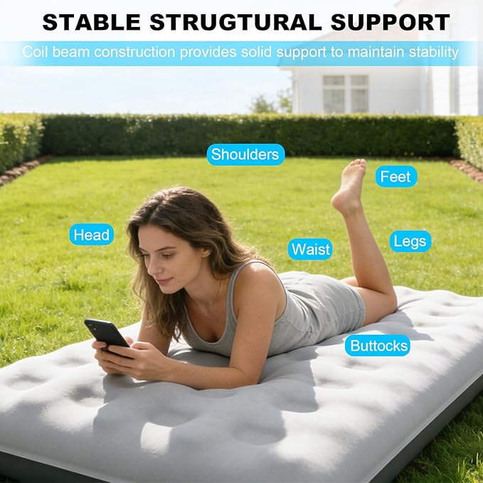 Single Size Air Mattress - Inflatable Camping Bed Inflatable Single Bed for Camping Home &amp Travel(Grey)