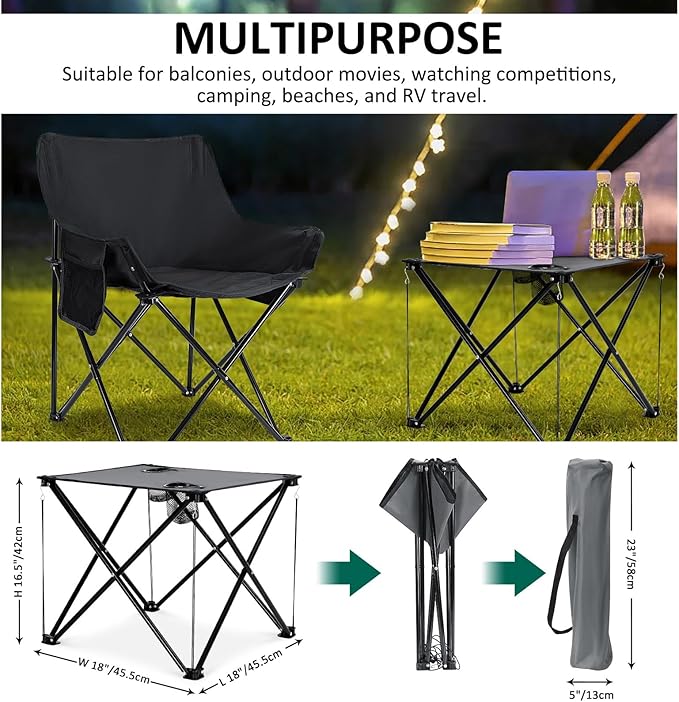 Leonyo 2 Pcs Portable Camping Chairs for Adults Oversized Lawn Chair with Folding Camping Table for Outdoor Sports Fishing Rv Travel Beach Picnic – Black