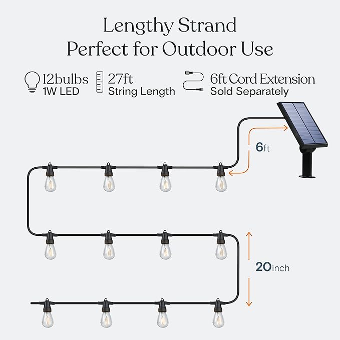 Brightech Ambience Pro Solar Powered Outdoor String Lights 27ft Remote Control Commercial Grade Waterproof Patio Lights 12 Edison Bulbs Shatterproof LED String Lights for Outside - 1W Soft White