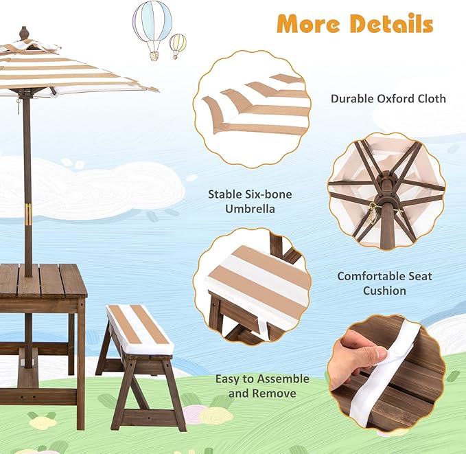 2-in-1 Kids Picnic Table Wooden Kids Outdoor Tables with Removable Umbrella &amp Cushions Fits 4 Children Indoor Outdoor Toddler Picnic Table for Backyard Lawn &amp Patio (Coffee)