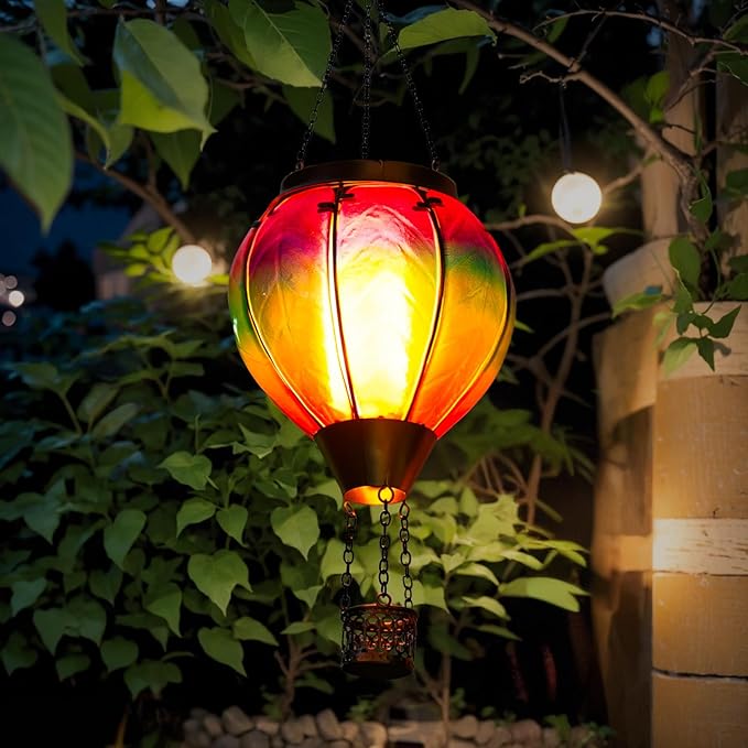 Solar Hot Air Balloon Lantern with Flame Hanging Glass Hot Air Balloon Solar Lantern Waterproof Decorative Outdoor Hot Air Balloon Solar Light for Outside Garden Patio (Purple Gradient)